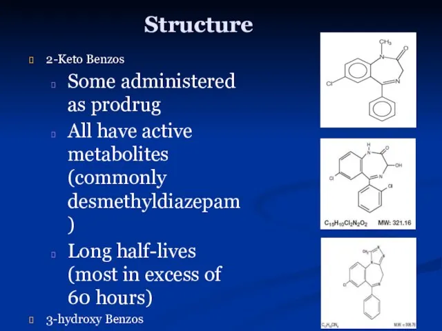 Structure 2-Keto Benzos Some administered as prodrug All have active