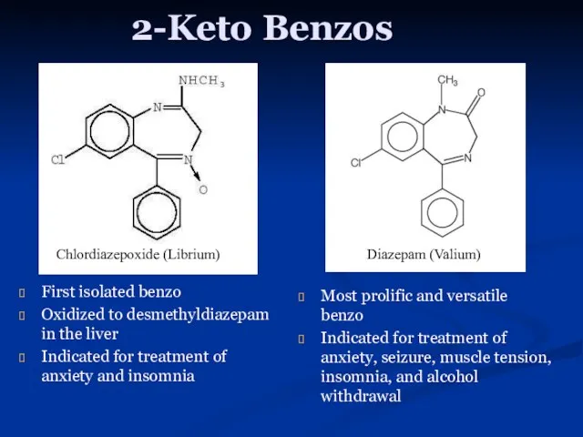 2-Keto Benzos First isolated benzo Oxidized to desmethyldiazepam in the