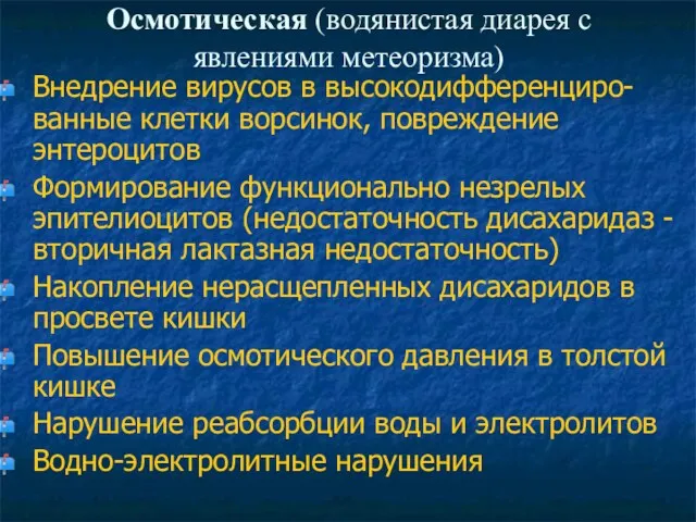 Осмотическая (водянистая диарея с явлениями метеоризма) Внедрение вирусов в высокодифференциро-ванные