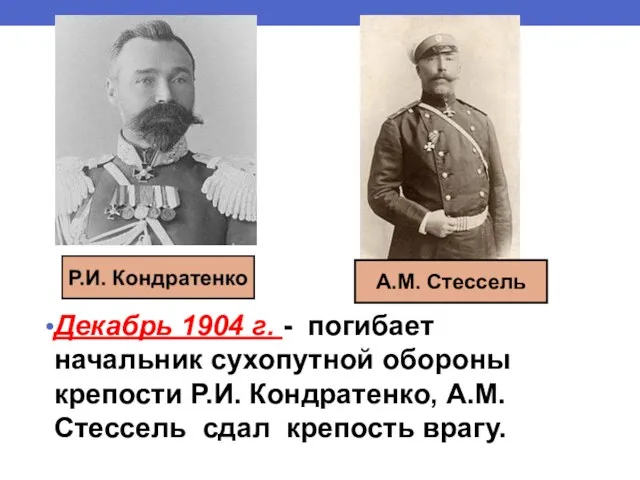 Декабрь 1904 г. - погибает начальник сухопутной обороны крепости Р.И.