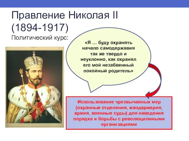 Правление Николая II (1894-1917) Политический курс: «Я … буду охранять начало самодержавия так