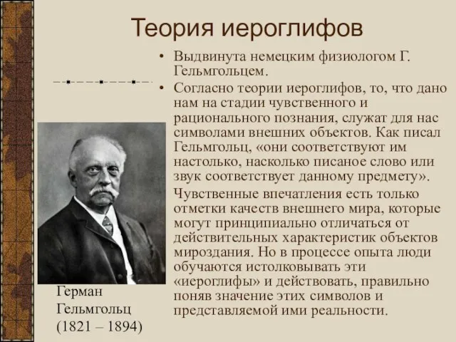 Теория иероглифов Выдвинута немецким физиологом Г. Гельмгольцем. Согласно теории иероглифов,