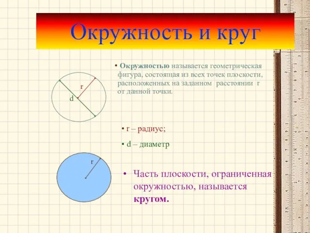 Окружность и круг Часть плоскости, ограниченная окружностью, называется кругом. Окружностью называется геометрическая фигура,