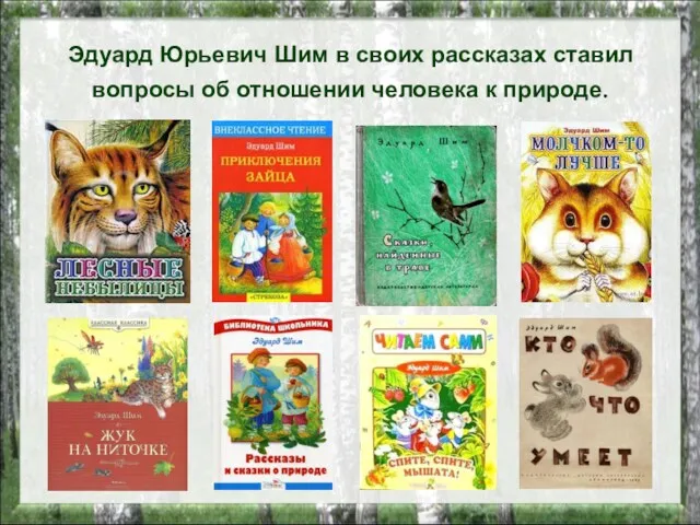 Эдуард Юрьевич Шим в своих рассказах ставил вопросы об отношении человека к природе.