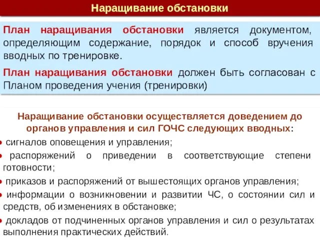 Наращивание обстановки План наращивания обстановки является документом, определяющим содержание, порядок