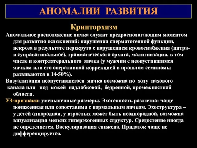 АНОМАЛИИ РАЗВИТИЯ Крипторхизм Аномальное расположение яичка служит предрасполагающим моментом для