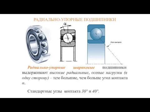 РАДИАЛЬНО-УПОРНЫЕ ПОДШИПНИКИ Радиально-упорные шариковые подшипники выдерживают высокие радиальные, осевые нагрузки