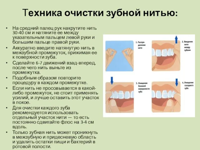 Техника очистки зубной нитью: На средний палец рук накрутите нить