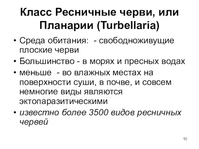 Класс Ресничные черви, или Планарии (Turbellaria) Среда обитания: - свободноживущие