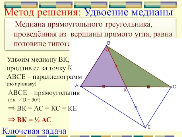 Метод решения: Удвоение медианы Медиана прямоугольного треугольника, проведённая из вершины прямого угла, равна