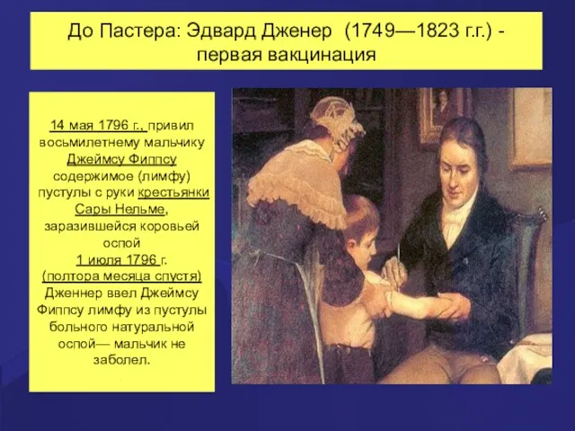 До Пастера: Эдвард Дженер (1749—1823 г.г.) - первая вакцинация 14 мая 1796 г.,