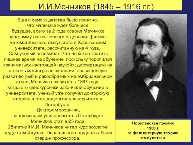 И.И.Мечников (1845 – 1916 г.г.) Еще с самого детства было понятно, что мальчика