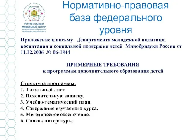 Нормативно-правовая база федерального уровня Приложение к письму Департамента молодежной политики,