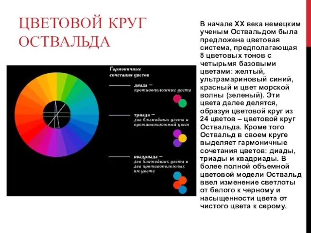 ЦВЕТОВОЙ КРУГ ОСТВАЛЬДА В начале XX века немецким ученым Оствальдом