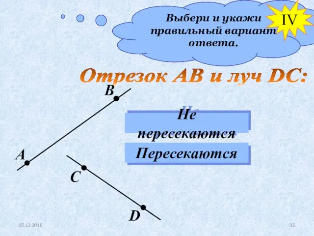 Выбери и укажи правильный вариант ответа. Отрезок АВ и луч DC: Не пересекаются Пересекаются IV 05.12.2016