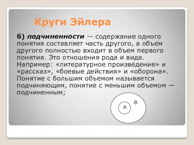 Круги Эйлера б) подчиненности — содержание одного понятия составляет часть