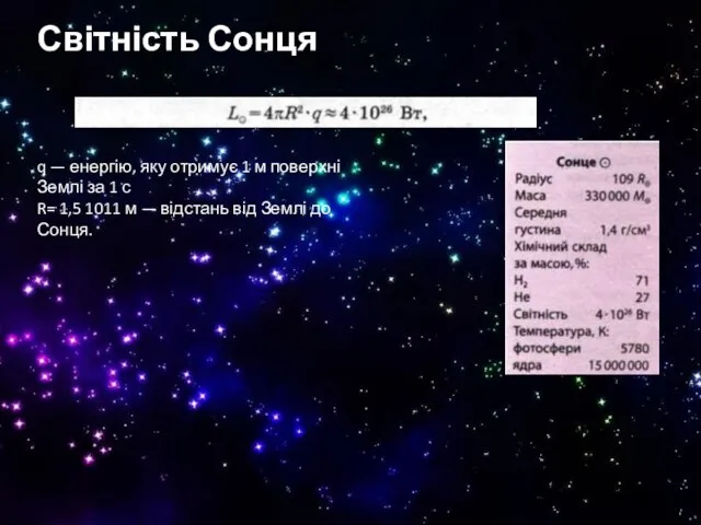 Світність Сонця q — енергію, яку отримує 1 м поверхні