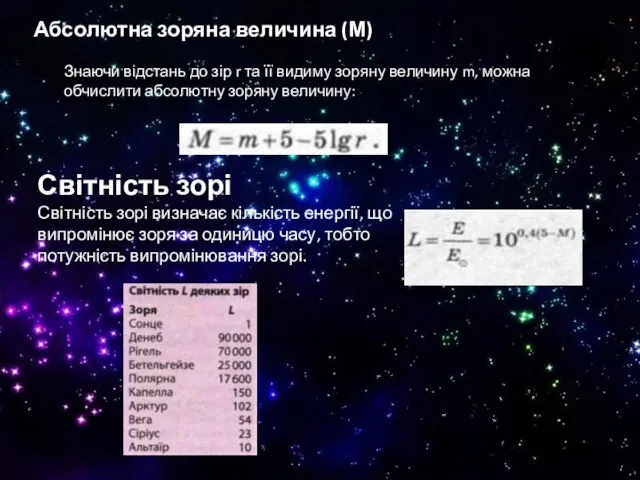 Абсолютна зоряна величина (М) Знаючи відстань до зір r та