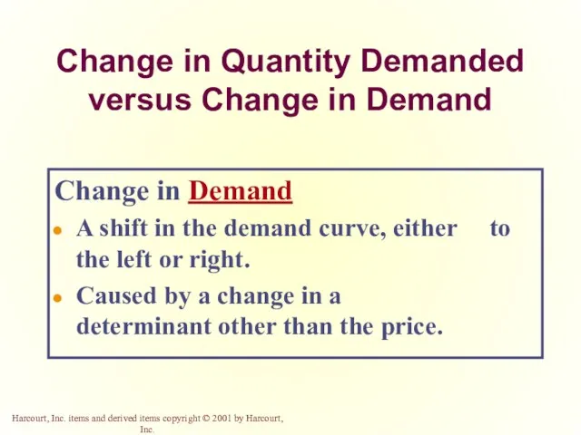 Change in Quantity Demanded versus Change in Demand Change in Demand A shift