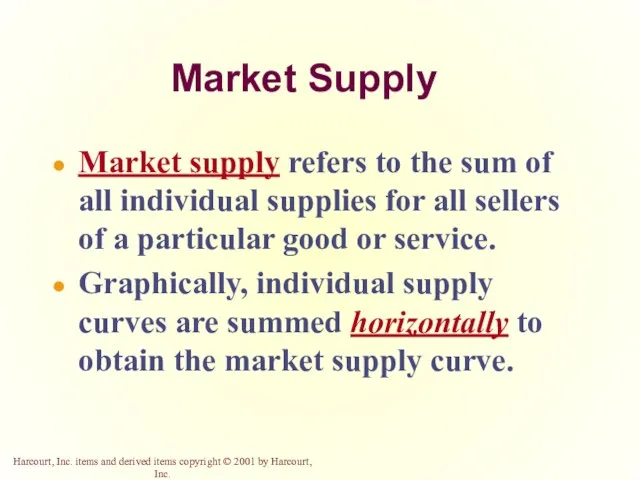 Market Supply Market supply refers to the sum of all individual supplies for
