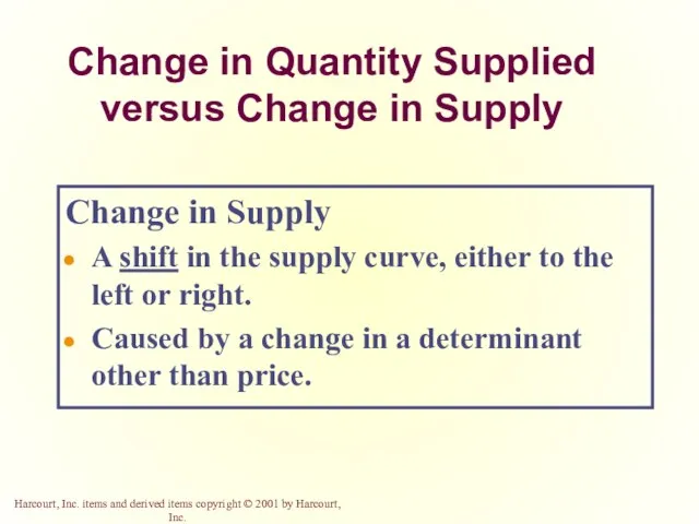 Change in Quantity Supplied versus Change in Supply Change in Supply A shift