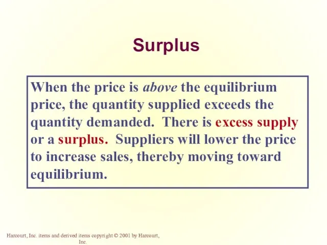 Surplus When the price is above the equilibrium price, the