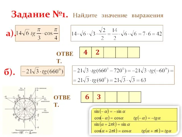 Задание №1. Найдите значение выражения ОТВЕТ. а). б). ОТВЕТ.