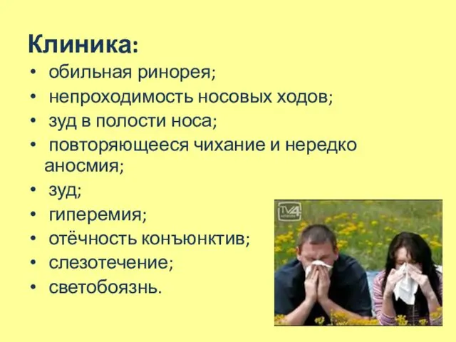 Клиника: обильная ринорея; непроходимость носовых ходов; зуд в полости носа;