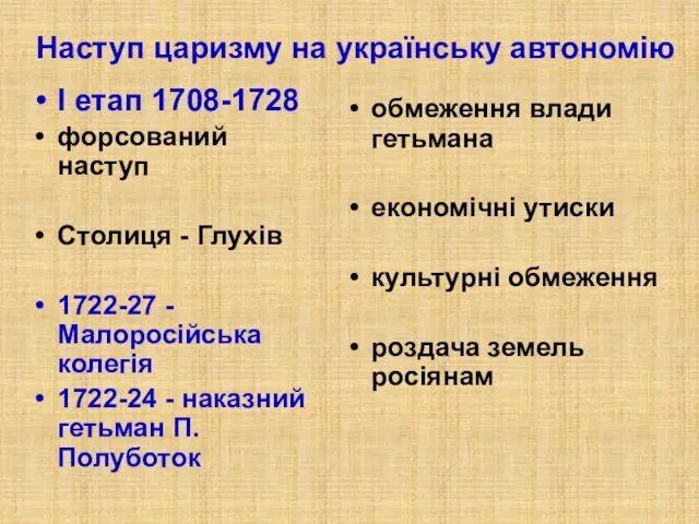 Наступ царизму на українську автономію І етап 1708-1728 форсований наступ