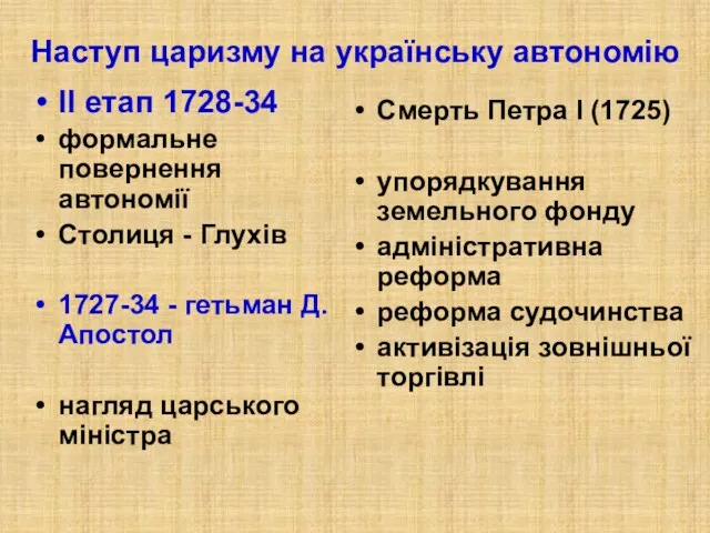 Наступ царизму на українську автономію ІІ етап 1728-34 формальне повернення
