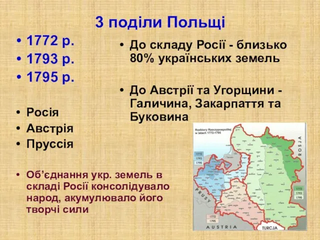 3 поділи Польщі 1772 р. 1793 р. 1795 р. Росія