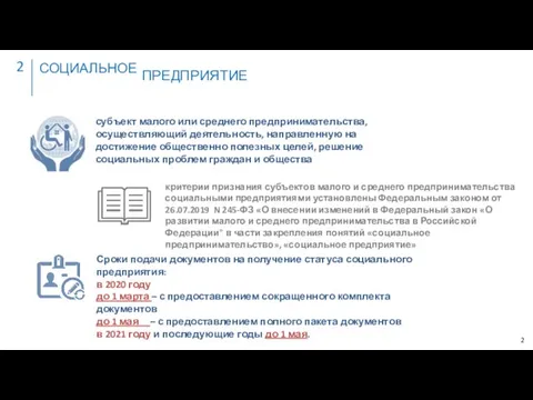 2 СОЦИАЛЬНОЕ ПРЕДПРИЯТИЕ 2 субъект малого или среднего предпринимательства, осуществляющий деятельность, направленную на