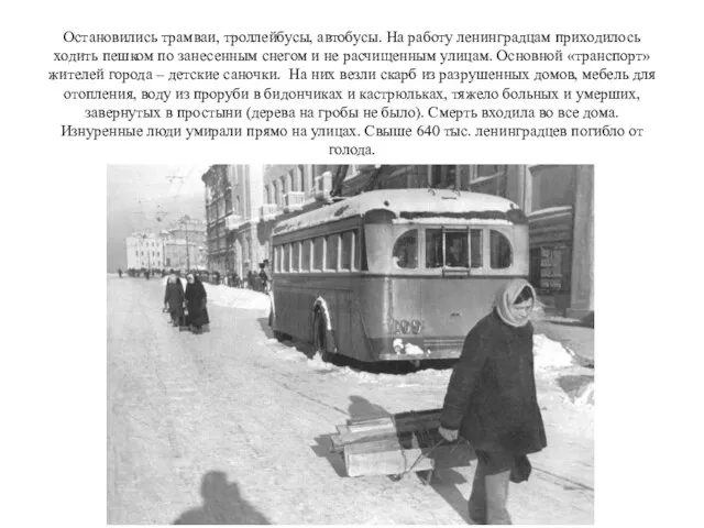 Остановились трамваи, троллейбусы, автобусы. На работу ленинградцам приходилось ходить пешком по занесенным снегом