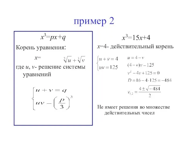 пример 2 x3=15x+4 х=4- действительный корень Не имеет решения во