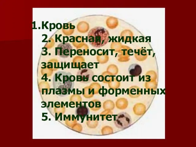 Кровь 2. Красная, жидкая 3. Переносит, течёт, защищает 4. Кровь