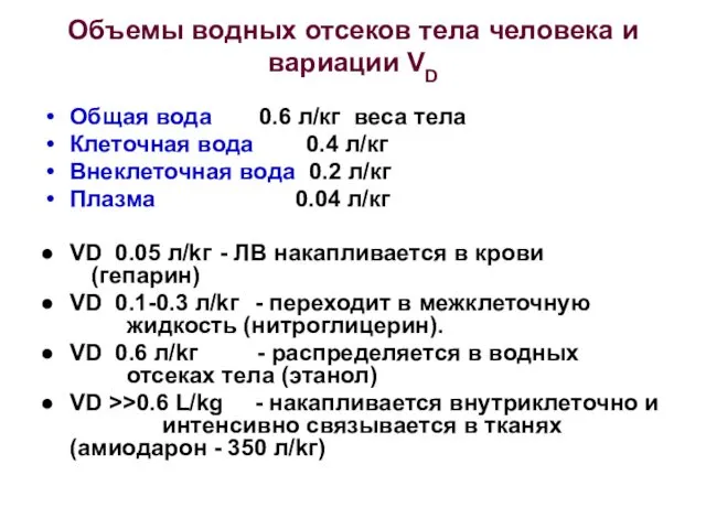 Объемы водных отсеков тела человека и вариации VD Общая вода 0.6 л/кг веса