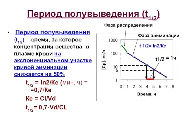 Период полувыведения (t1/2) Период полувыведения (t1/2) – время, за которое концентрация вещества в