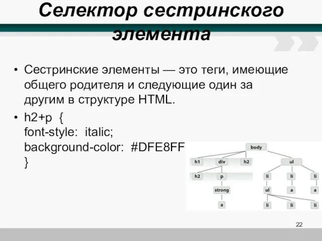 Селектор сестринского элемента Сестринские элементы — это теги, имеющие общего