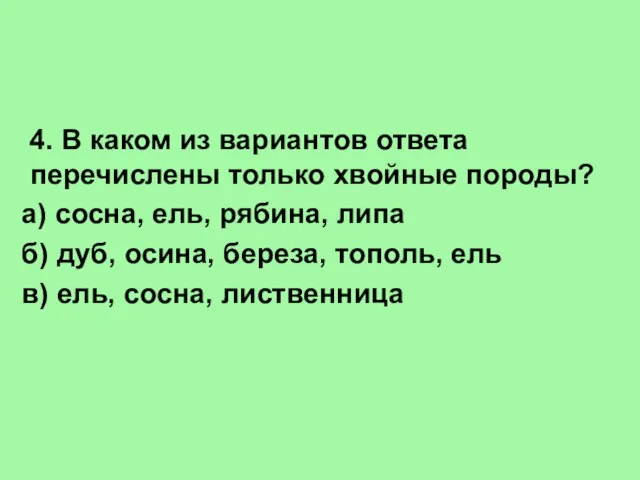 4. В каком из вариантов ответа перечислены только хвойные породы?