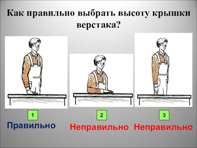 Как правильно выбрать высоту крышки верстака? Правильно Неправильно Неправильно 1 2 3