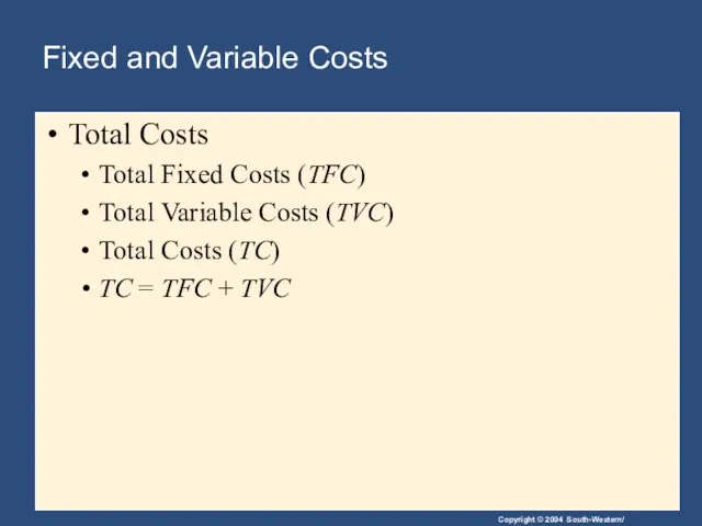 Fixed and Variable Costs Total Costs Total Fixed Costs (TFC)