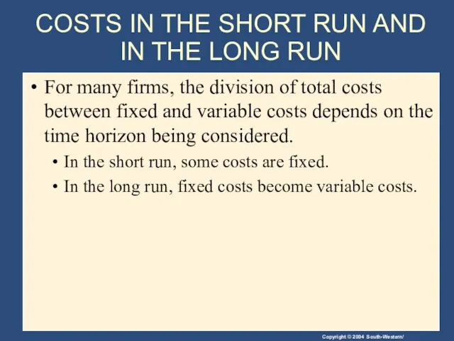 COSTS IN THE SHORT RUN AND IN THE LONG RUN