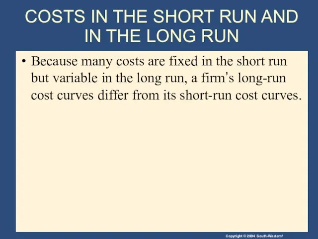 COSTS IN THE SHORT RUN AND IN THE LONG RUN