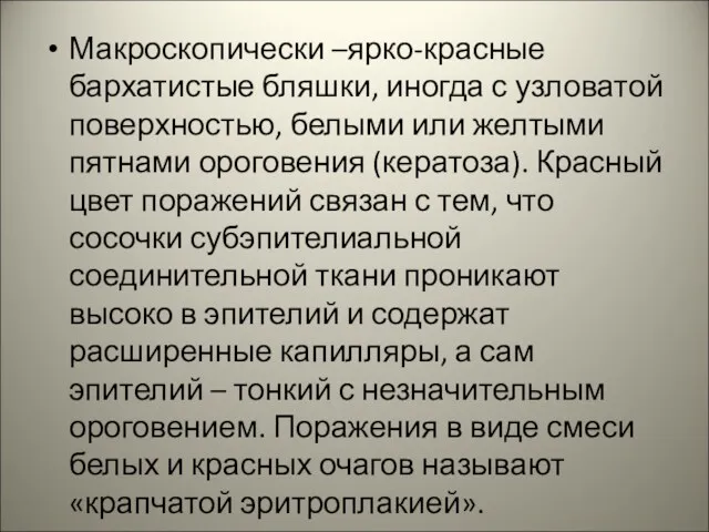 Макроскопически –ярко-красные бархатистые бляшки, иногда с узловатой поверхностью, белыми или