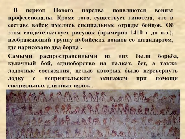 В период Нового царства появляются воины профессионалы. Кроме того, существует