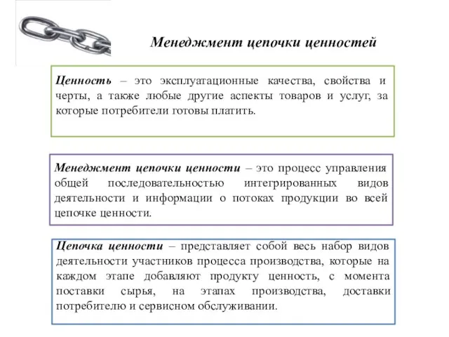 Менеджмент цепочки ценностей Ценность – это эксплуатационные качества, свойства и