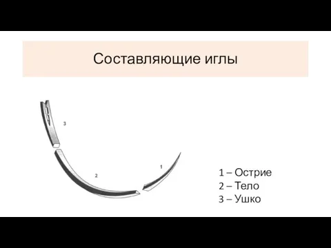 Составляющие иглы 1 – Острие 2 – Тело 3 – Ушко