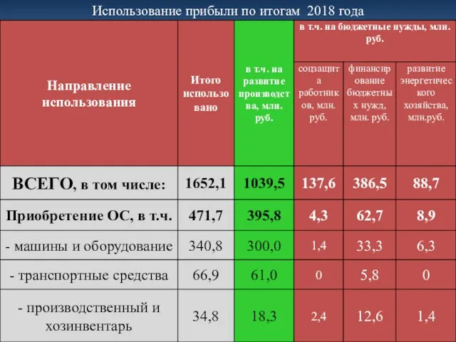 Использование прибыли по итогам 2018 года