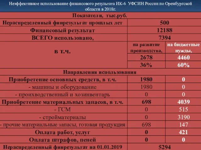 Неэффективное использование финансового результата ИК-6 УФСИН России по Оренбургской области в 2018г.