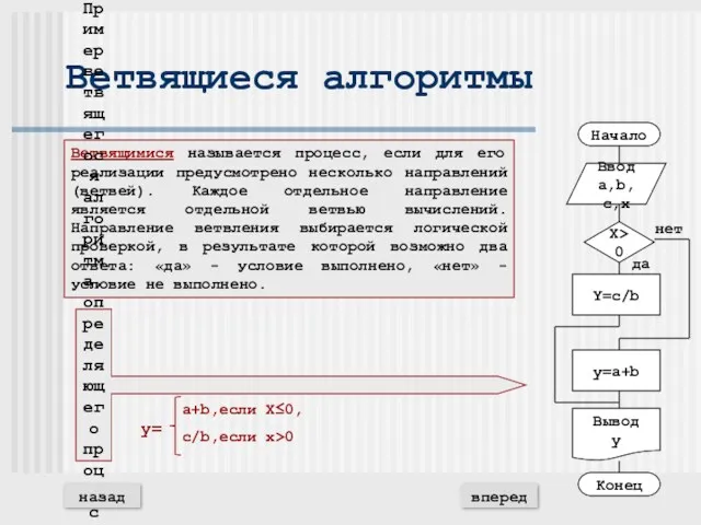 Ветвящиеся алгоритмы Ветвящимися называется процесс, если для его реализации предусмотрено